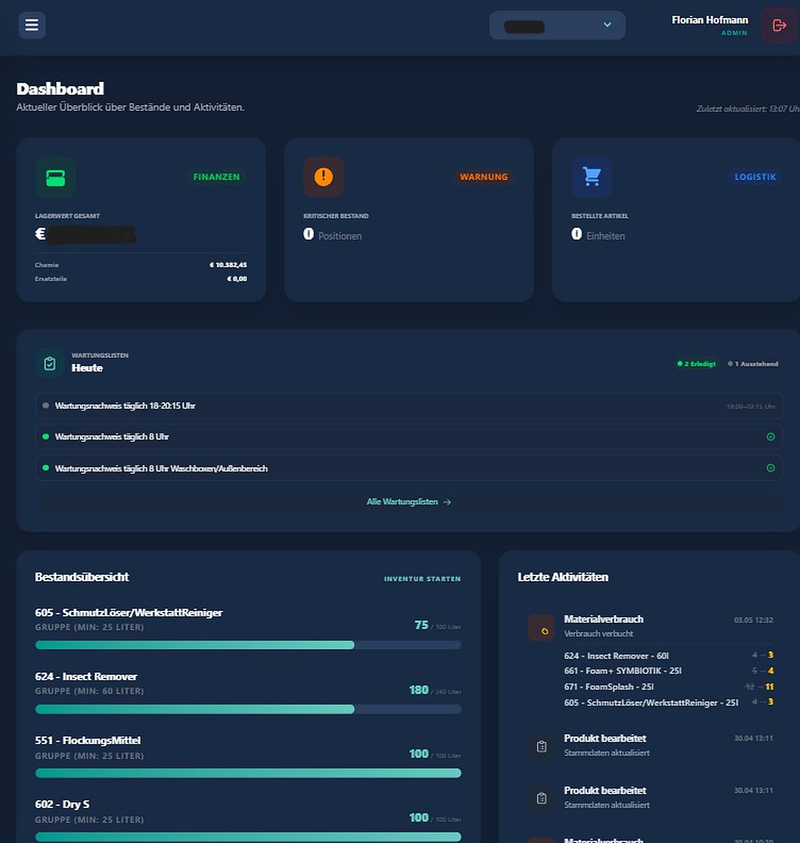 Wartungs-Dashboard mit Bestandsalarmen